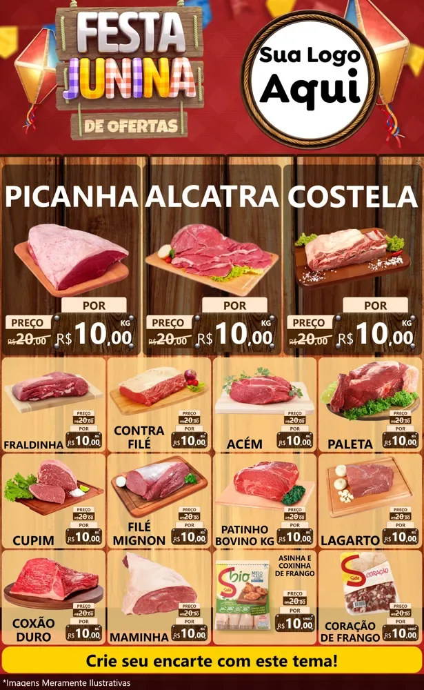 Modelo de Encarte para Encarte Grande com o tema Festa Junina de Ofertas para Açougue