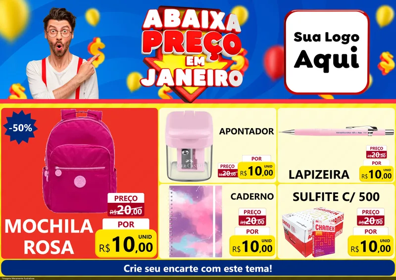 Modelo de Encarte para Encarte A4 Horizontal com o tema Abaixa Preço em Janeiro para Papelaria