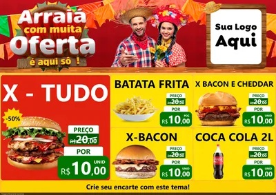 Modelo de Encarte para Encarte A4 Horizontal com o tema Arraiá Com Muita Oferta - É Aqui Sô! para Hamburgueria