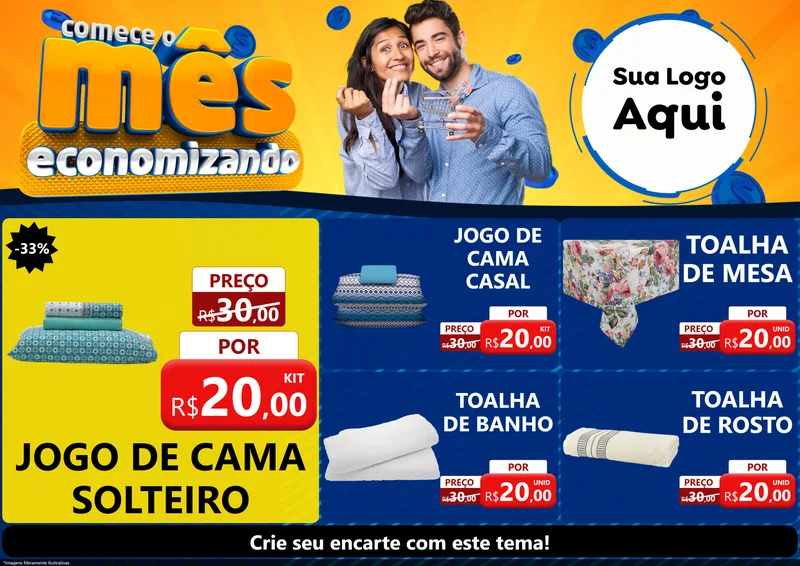 Modelo de Encarte para Encarte A4 Horizontal com o tema Comece O Mês Economizando para Cama, Mesa e Banho