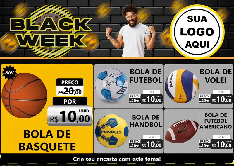 Modelo de Encarte para Encarte A4 Horizontal com o tema Black Week para Artigos Esportivos