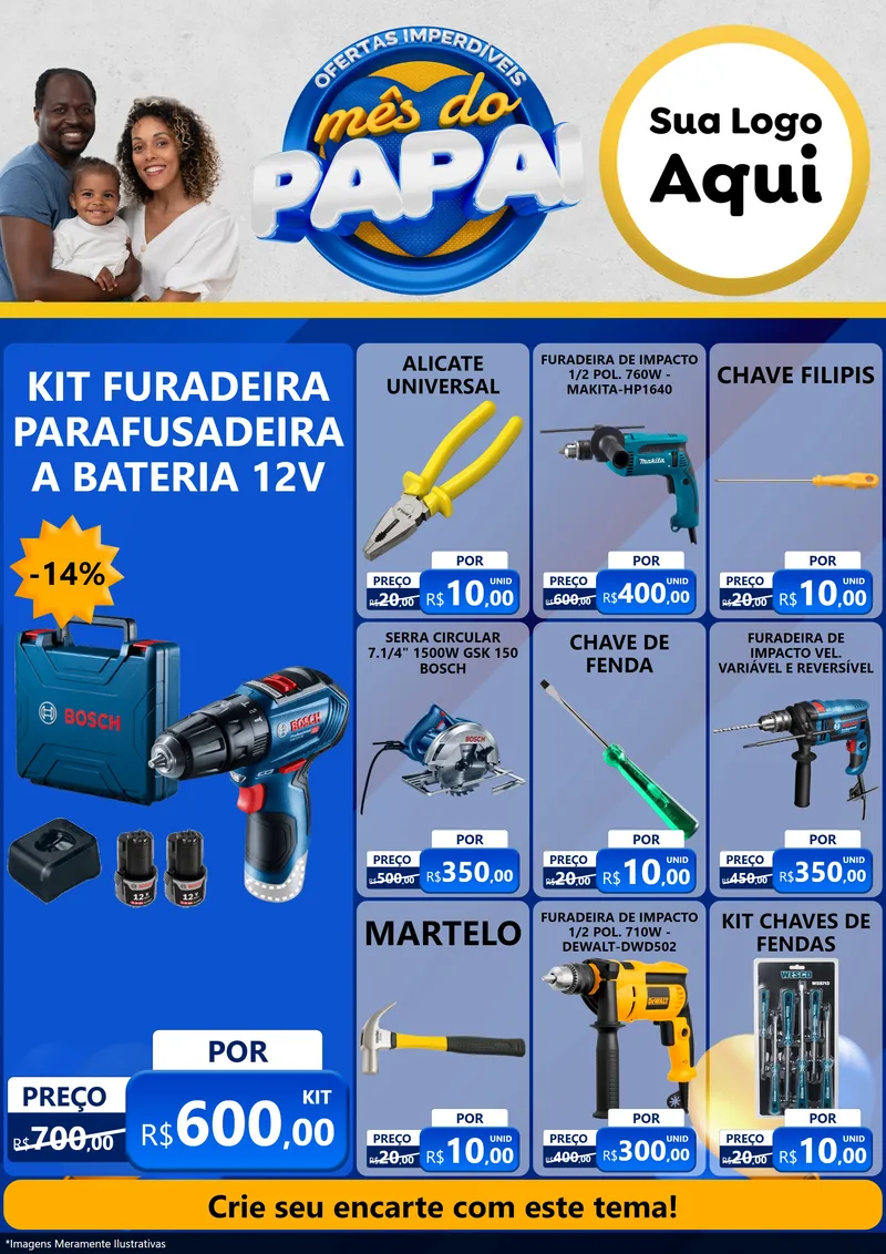 Modelo de Encarte para Encarte A4 Vertical com o tema Ofertas Imperdíveis Mês Do Papai para Maquinas e Ferramentas