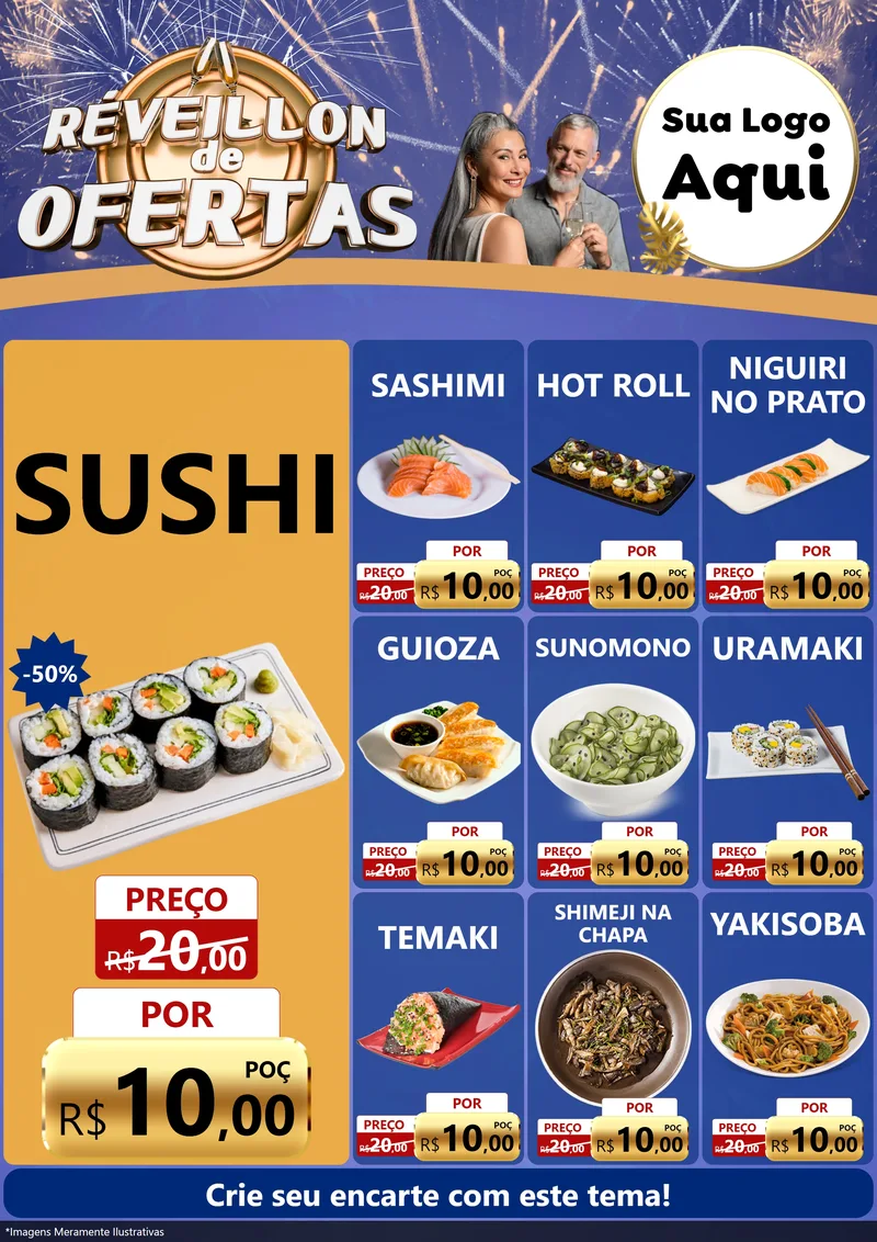 Modelo de Encarte para Encarte A4 Vertical com o tema Réveillon de Ofertas para Comida japonesa