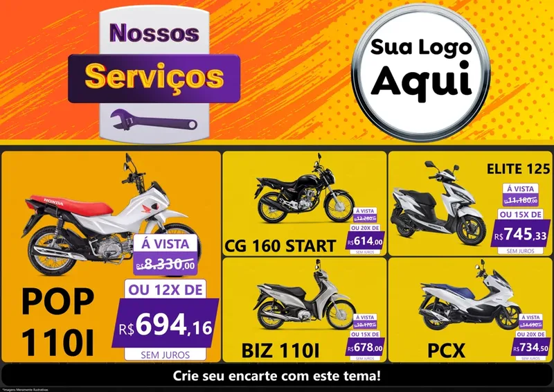 Modelo de Encarte para Encarte A4 Horizontal com o tema Nossos Serviços para Concessionaria de Motos
