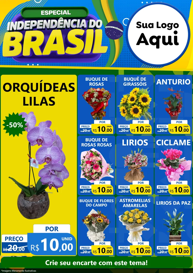 Modelo de Encarte para Encarte A4 Vertical com o tema Especial Independência do Brasil para Floricultura e jardim