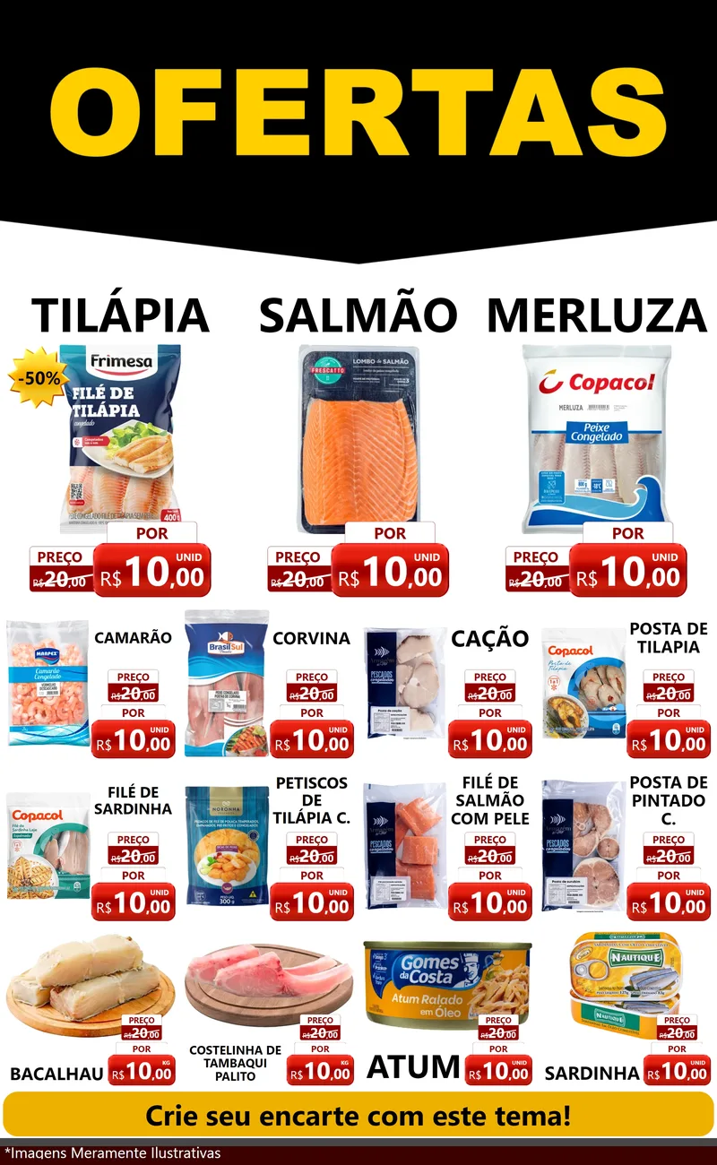 Modelo de Encarte para Encarte Grande com o tema Ofertas Preto e Vermelho Cartaz para Peixaria