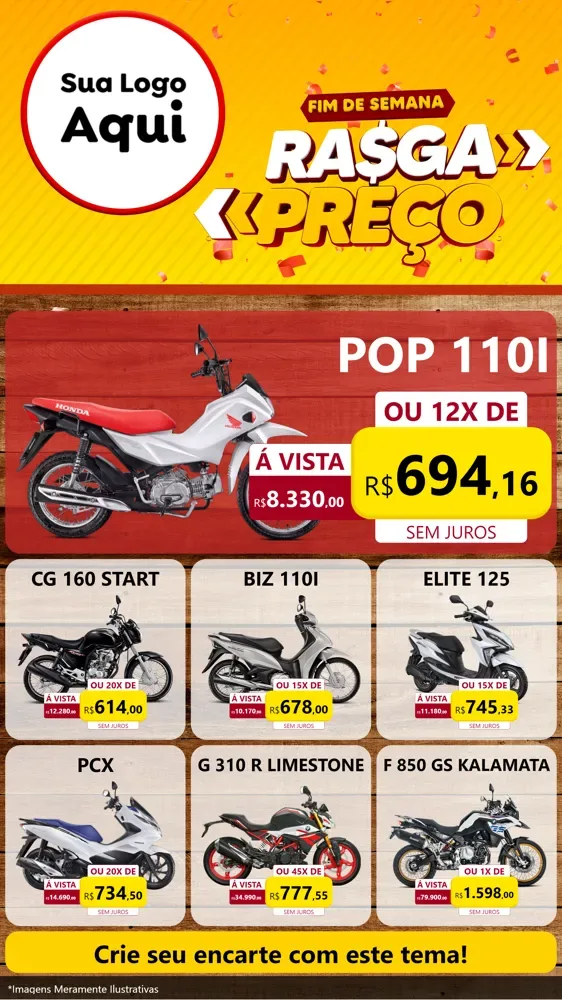 Modelo de Rede Social para Stories com o tema Fim de Semana Rasga Preços para Concessionaria de Motos