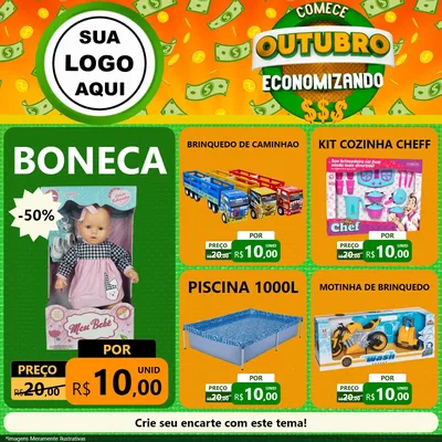 Modelo de Rede Social para Feed Facebook com o tema Comece Outubro Economizando para Brinquedos