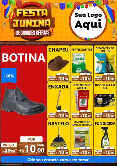 Modelo de Encarte para Encarte A4 Vertical com o tema Festa Junina de Grandes Ofertas para Agropecuária