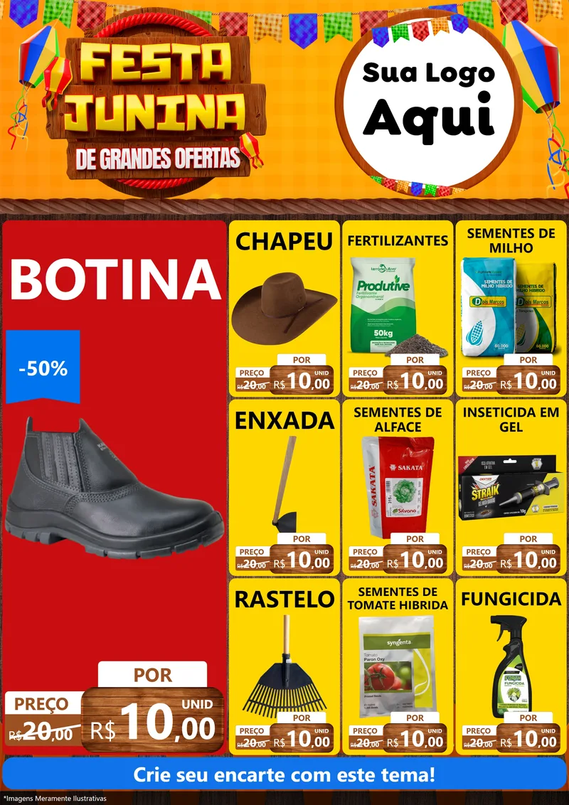 Modelo de Encarte para Encarte A4 Vertical com o tema Festa Junina de Grandes Ofertas para Agropecuária