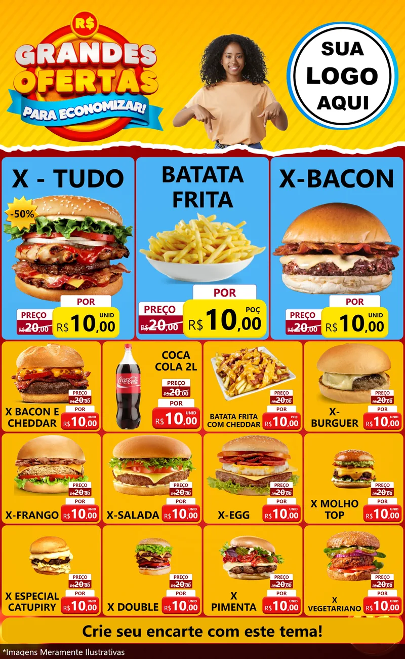 Modelo de Encarte para Encarte Grande com o tema Grandes Ofertas Para Economizar! para Hamburgueria