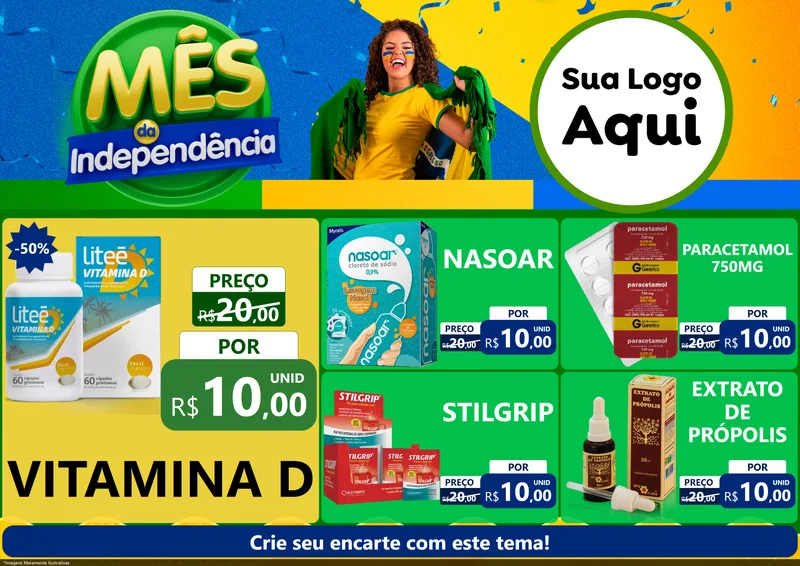 Modelo de Encarte para Encarte A4 Horizontal com o tema Mês da Independência para Farmácia