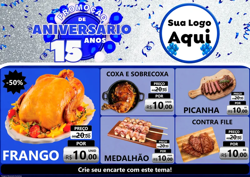 Modelo de Encarte para Encarte A4 Horizontal com o tema Promoção de Aniversário - 15 Anos para Assados