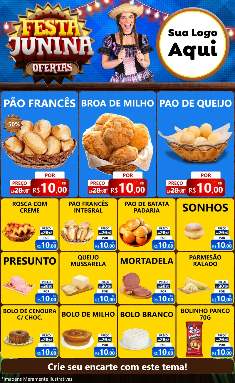 Modelo de Encarte para Encarte Grande com o tema Festa Junina Ofertas para Padaria