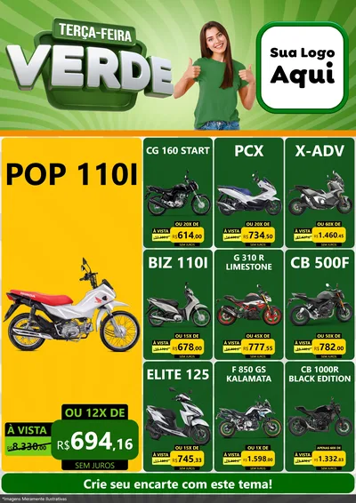 Modelo de Encarte para Encarte A4 Vertical com o tema Terça - Feira Verde para Concessionaria de Motos