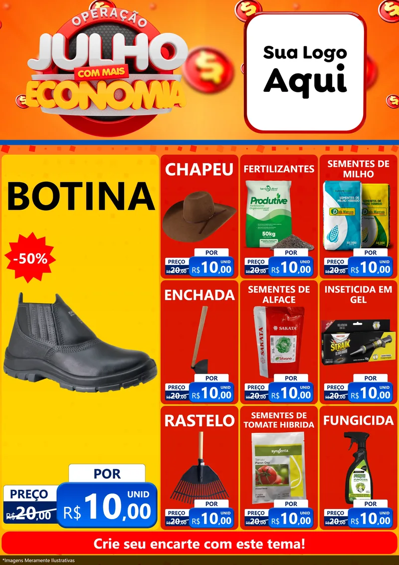 Modelo de Encarte para Encarte A4 Vertical com o tema Operação Julho Com Mais Economia para Agropecuária