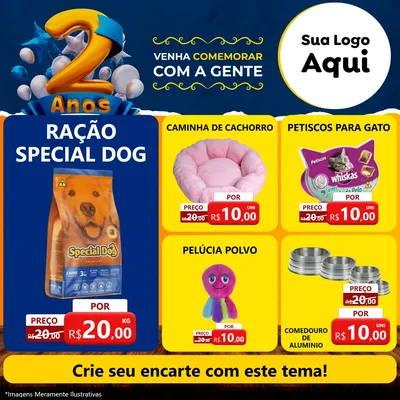Modelo de Rede Social para Feed Facebook com o tema Aniversário de 2 anos para Pet Shop