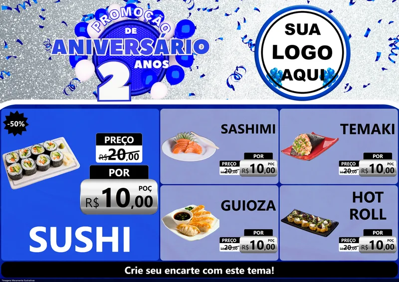Modelo de Encarte para Encarte A4 Horizontal com o tema Promoção de Aniversário - 2 Anos para Comida japonesa