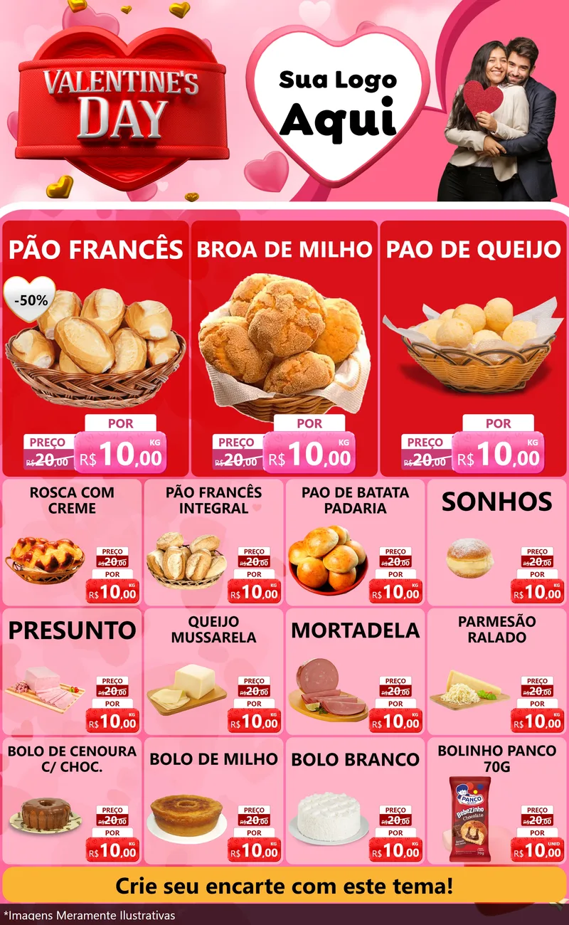Modelo de Encarte para Encarte Grande com o tema Valentine's Day para Padaria