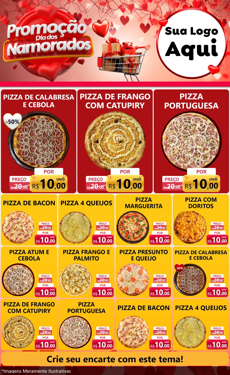 Modelo de Encarte para Encarte Grande com o tema Promoção Dia dos Namorados para Pizzaria