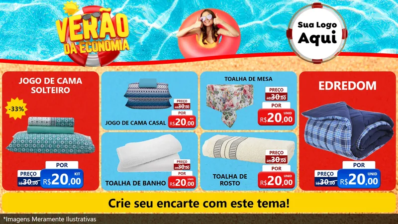 Modelo de TV para TV Horizontal com o tema Verão da Economia para Cama, Mesa e Banho