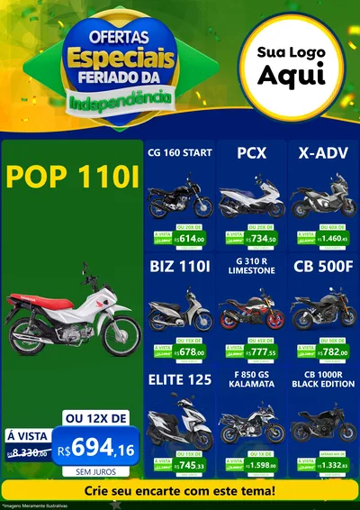 Modelo de Encarte para Encarte A4 Vertical com o tema Ofertas Especiais Feriado da Independência para Concessionaria de Motos