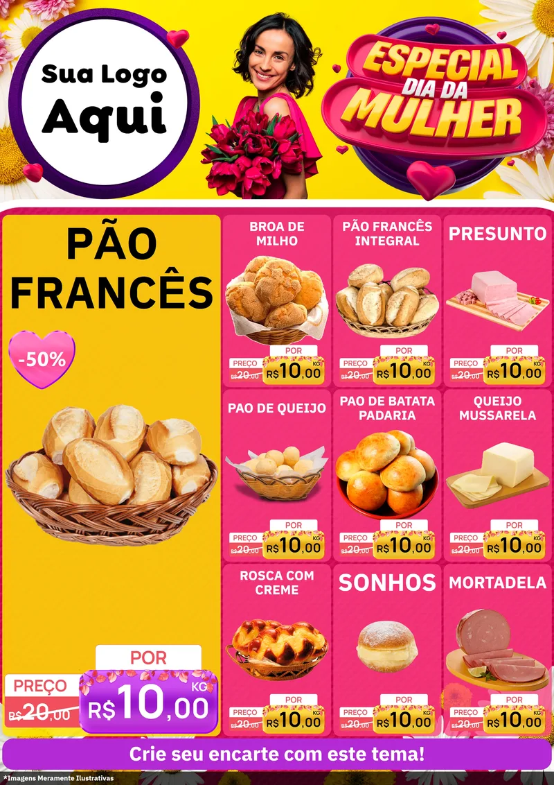 Modelo de Encarte para Encarte A4 Vertical com o tema Especial Dia da Mulher para Padaria