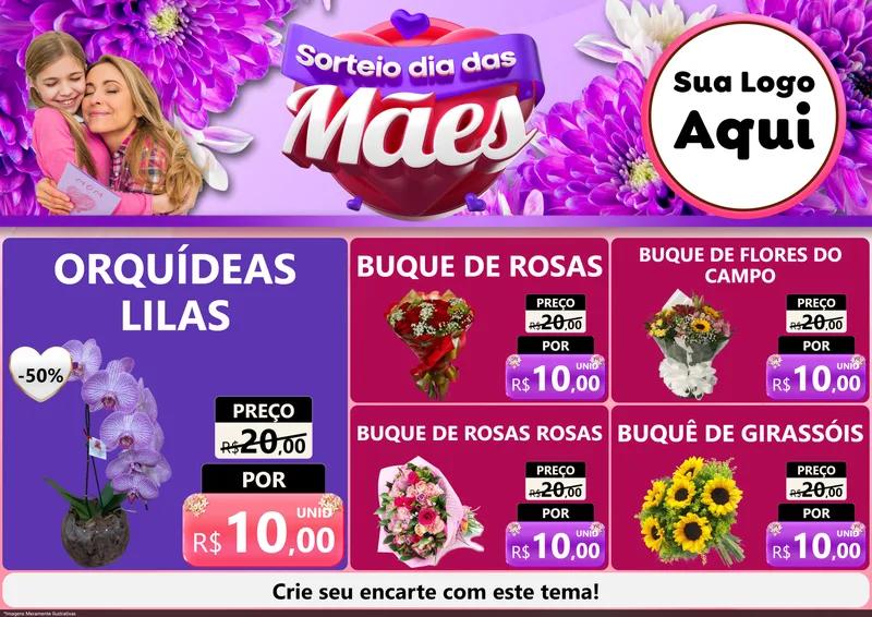 Modelo de Encarte para Encarte A4 Horizontal com o tema Sorteio Dia das Mães para Floricultura e jardim