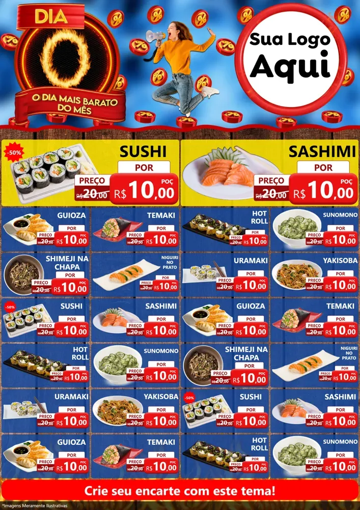 Modelo de Encarte para Encarte A4 Vertical com o tema Dia O - O Dia Mais Barato Do Mês para Comida japonesa