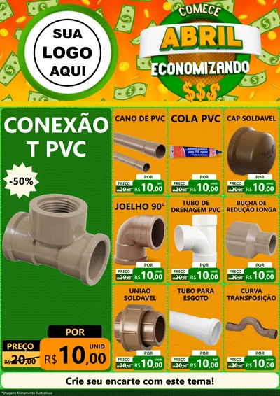 Modelo de Encarte para Encarte A4 Vertical com o tema Comece Abril Economizando para Tubos e conexões
