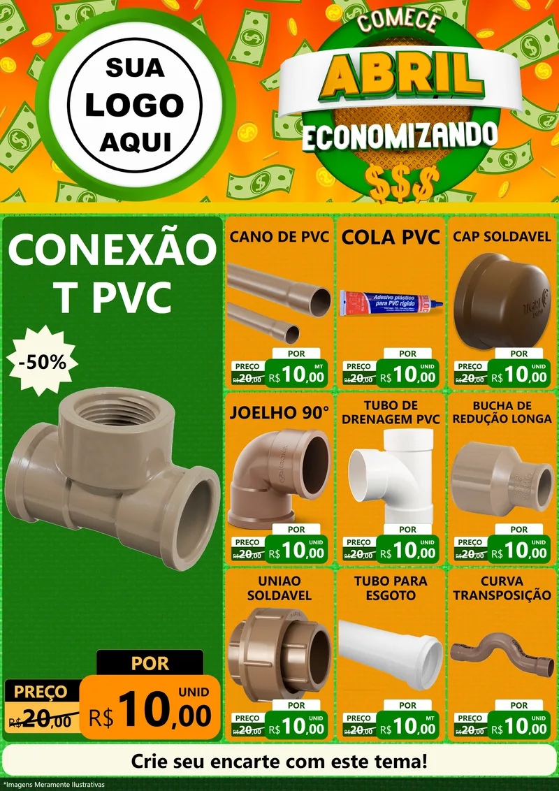 Modelo de Encarte para Encarte A4 Vertical com o tema Comece Abril Economizando para Tubos e conexões