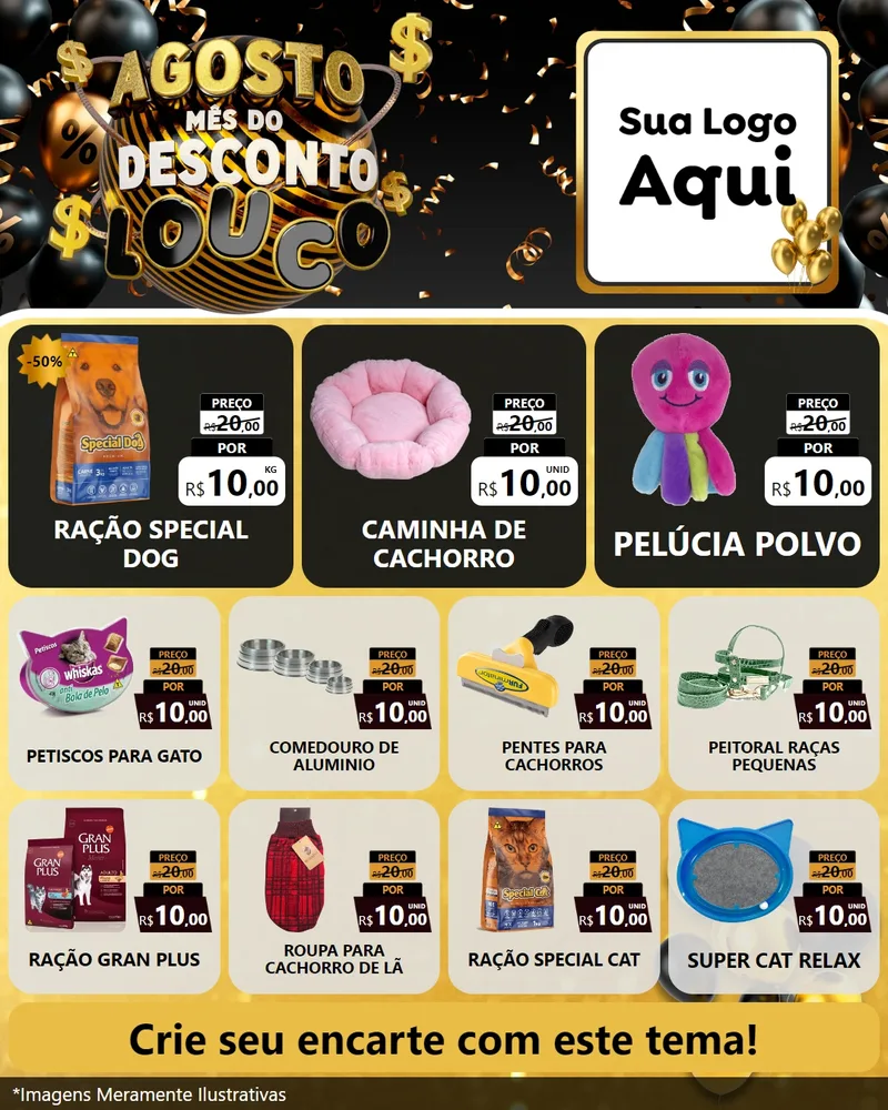 Modelo de Rede Social para Feed Instagram com o tema Agosto Mês do Desconto Louco para Pet Shop
