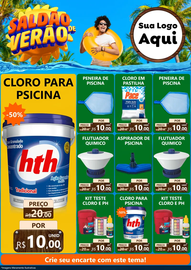 Modelo de Encarte para Encarte A4 Vertical com o tema Saldão de Verão para Produtos para Piscina