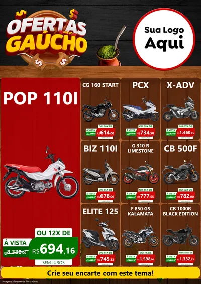 Modelo de Encarte para Encarte A4 Vertical com o tema Ofertas Dia do Gaúcho para Concessionaria de Motos
