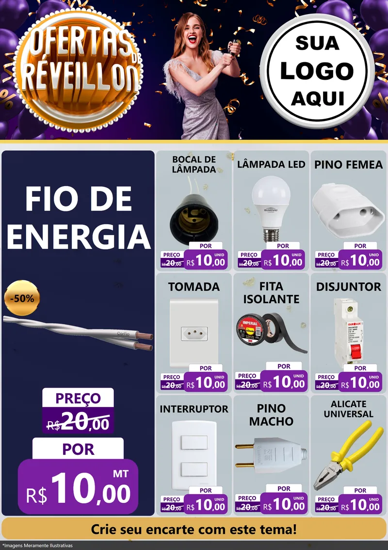 Modelo de Encarte para Encarte A4 Vertical com o tema Ofertas de Réveillon para Materiais Elétricos