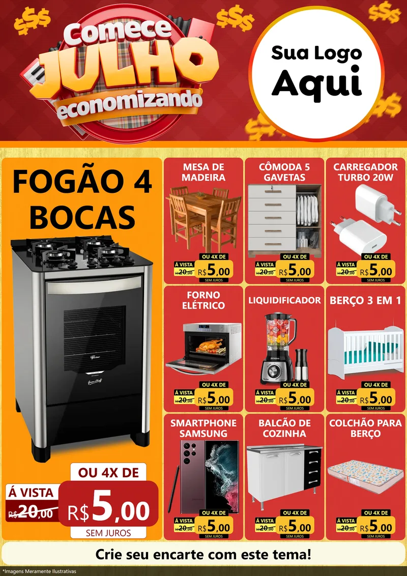 Modelo de Encarte para Encarte A4 Vertical com o tema Comece Julho Economizando para Móveis e Eletro
