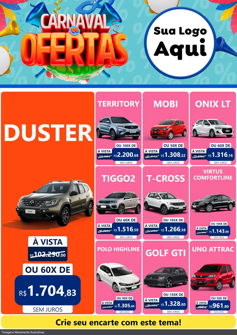 Modelo de Encarte para Encarte A4 Vertical com o tema Carnaval de Ofertas para Concessionaria de Carros