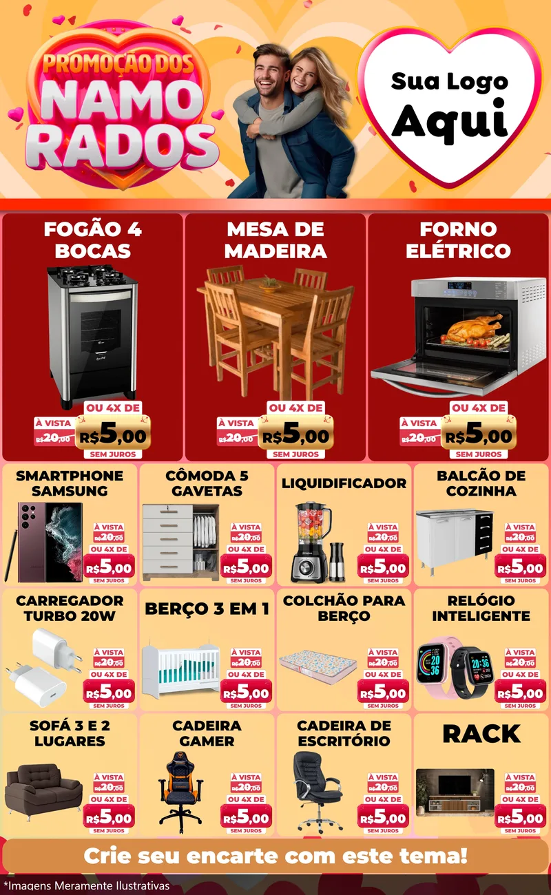 Modelo de Encarte para Encarte Grande com o tema Promoção dos Namorados para Móveis e Eletro