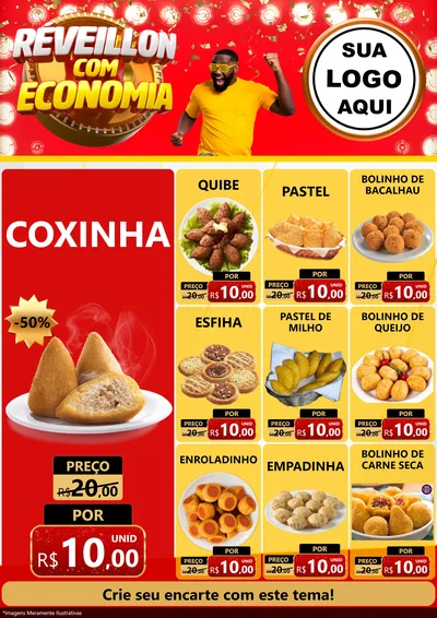 Modelo de Encarte para Encarte A4 Vertical com o tema Réveillon com Economia para Salgadaria