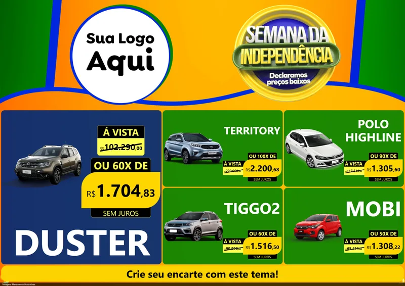 Modelo de Encarte para Encarte A4 Horizontal com o tema Semana da Independência Declaramos Preços Baixos para Concessionaria de Carros