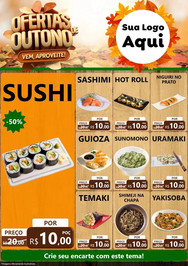 Modelo de Encarte para Encarte A4 Vertical com o tema Ofertas de Outono - Vem, Aproveite! para Comida japonesa