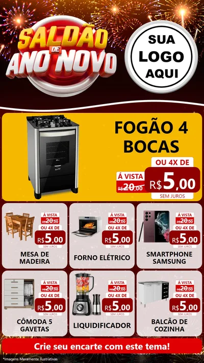 Modelo de Rede Social para Stories com o tema Saldão de Ano Novo para Móveis e Eletro