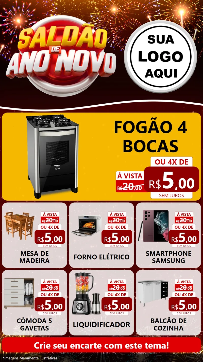 Modelo de Rede Social para Stories com o tema Saldão de Ano Novo para Móveis e Eletro