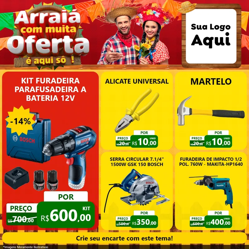 Modelo de Rede Social para Feed Facebook com o tema Arraiá Com Muita Oferta - É Aqui Sô! para Maquinas e Ferramentas