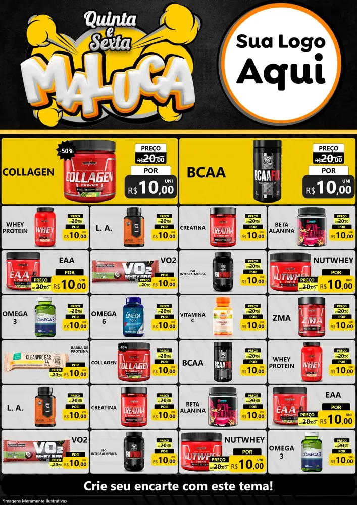 Modelo de Encarte para Encarte A4 Vertical com o tema Quinta e Sexta Maluca para Suplementos alimentares