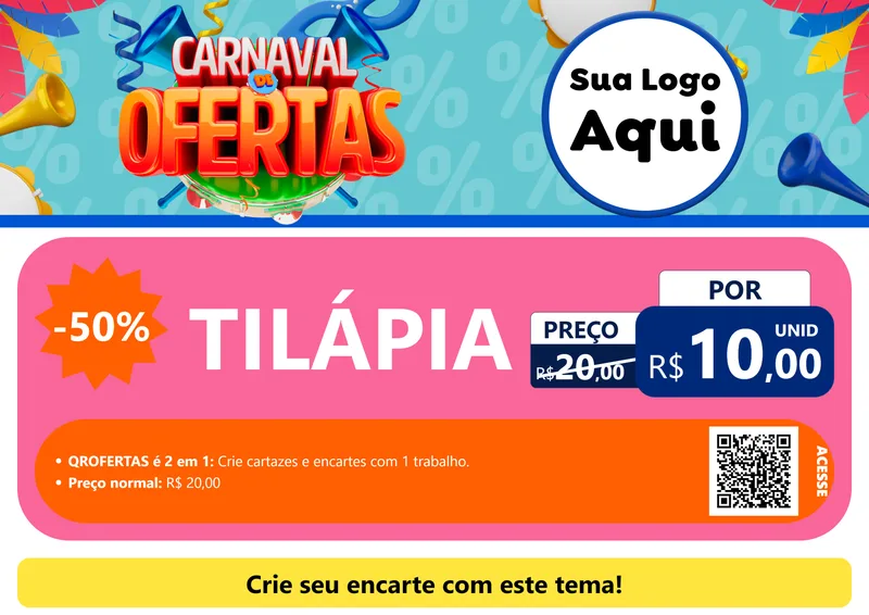 Modelo de Cartaz para Cartaz A4 Horizontal com o tema Carnaval de Ofertas para Peixaria