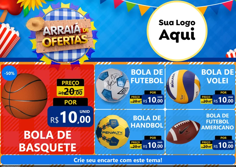 Modelo de Encarte para Encarte A4 Horizontal com o tema Arraiá de Ofertas para Artigos Esportivos