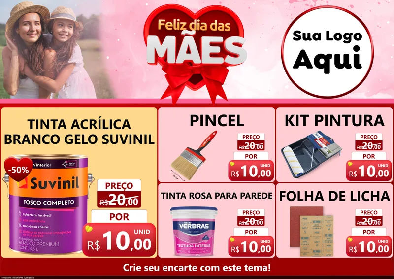 Modelo de Encarte para Encarte A4 Horizontal com o tema Feliz Dia Das Mães para Tintas e Ferramentas