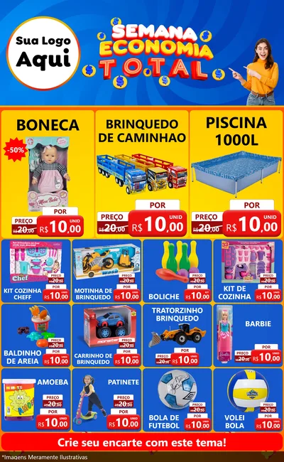 Modelo de Encarte para Encarte Grande com o tema Semana Economia Total para Brinquedos