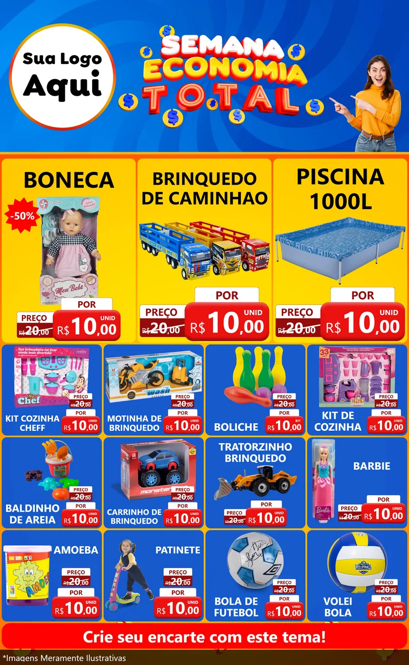 Modelo de Encarte para Encarte Grande com o tema Semana Economia Total para Brinquedos
